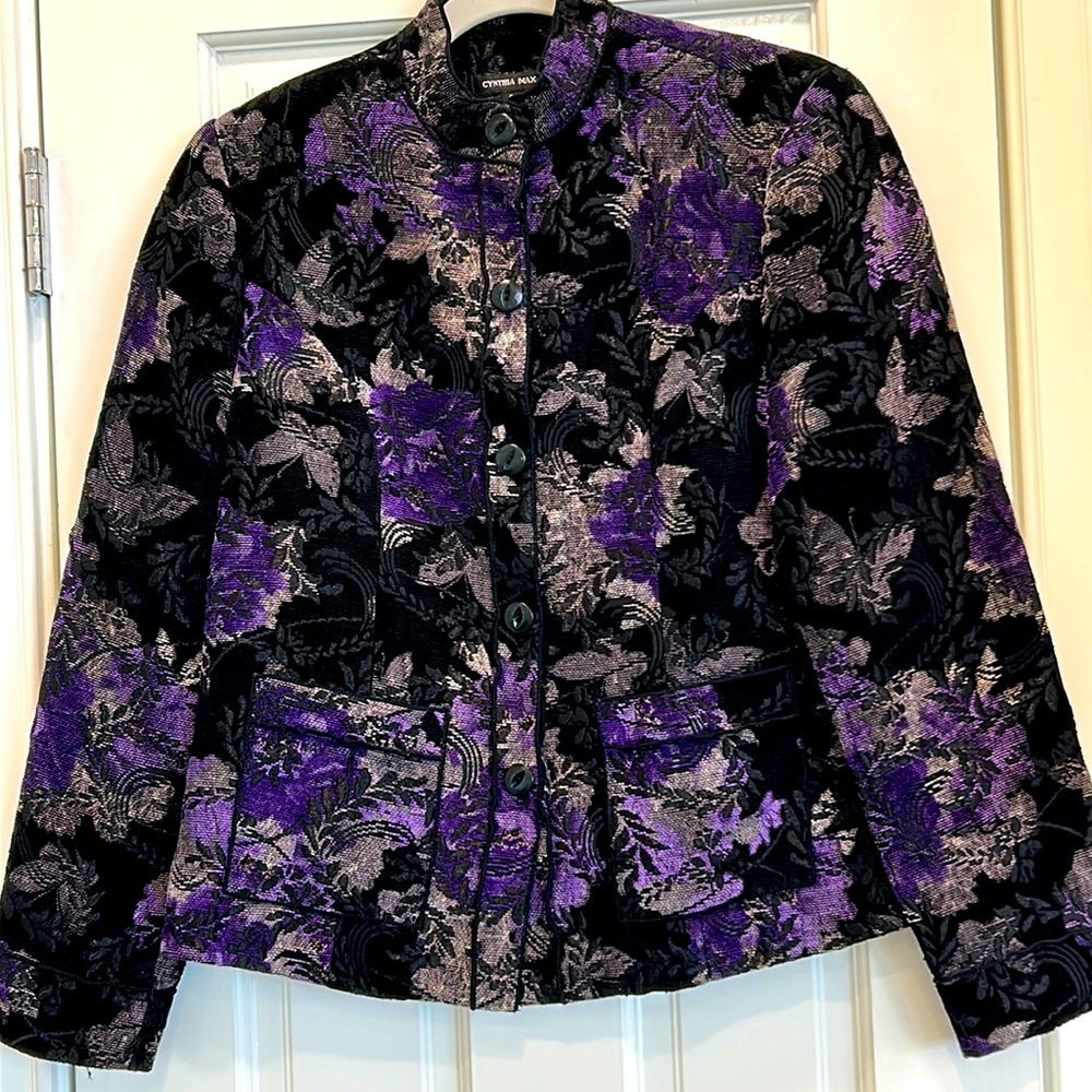 Cynthia Max Embroidered Purple, Black, and Gray Jacket w/ Mandarin Collar sz. S